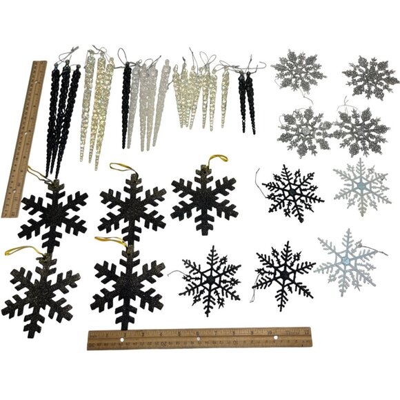 Black Glitter Snowflake & Iridescent Icicle Ornaments Set 29a - Picture 1 of 3
